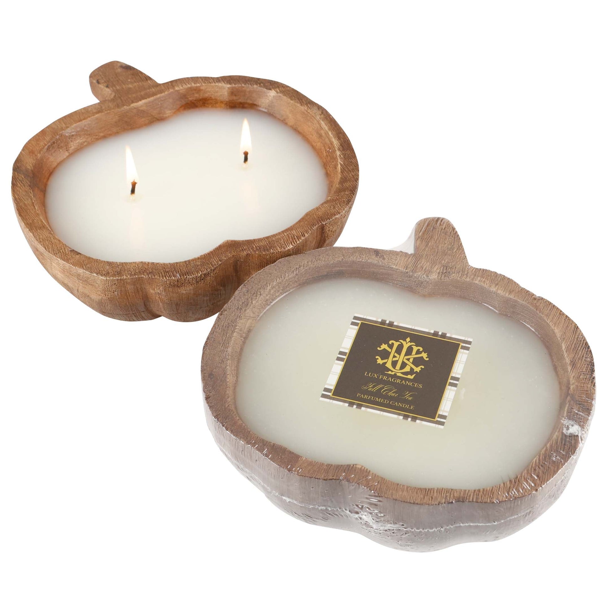 Fall Chai Tea 2-Wick Pumpkin Wood Bowl Candle -Small